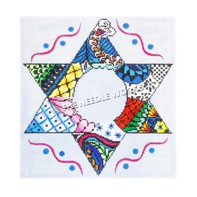 Star of David in calico pattern with vivid colors bordered by pink wavy lines and blue polka dots
