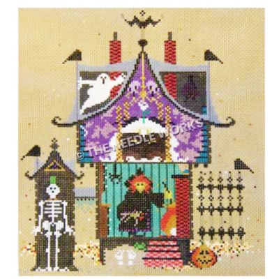 hunted house with witch, skeleton, ghost, bat, and jackolantern