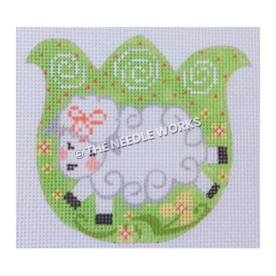 green tulip with white sheep, white swirls, pink polka dots, and yellow flowers