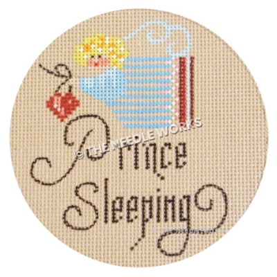 beige ornament with blonde angel in blue dress holding heart and Prince Sleeping written in script