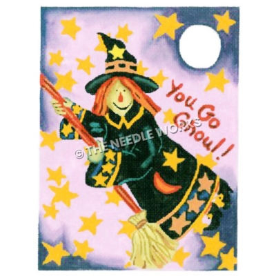 witch flying with broom in with stars and moon on dress and stars and moon in background with You Go Ghoul!