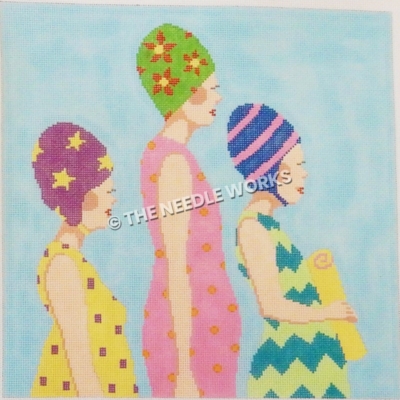 three women in profile with colorful dresses and swim caps in different patterns on blue background
