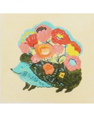blue and green porcupine with pink, red, and yellow flowers on back