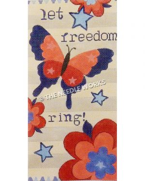 red and blue butterfly and flowers with blue stars and let freedom ring! in blue on white striped background