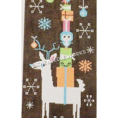 white reindeer with blue horns carrying tall stack of gifts with owl and bird in pink, orange, blue, and green on black background with white, blue, orange and pink snowflakes