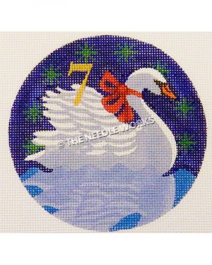 blue ornament with swan in water and gold 7 with green snowflakes in background