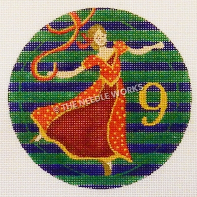 blue and green striped ornament with lady dancing in red and gold dress and gold 9