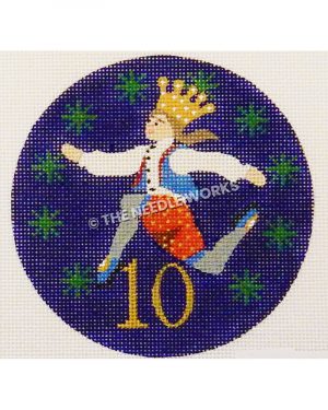 blue ornament with leaping lord in white shirt with blue vest and red and gray pants with crown and gold 10 with green snowflakes in background