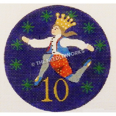 blue ornament with leaping lord in white shirt with blue vest and red and gray pants with crown and gold 10 with green snowflakes in background
