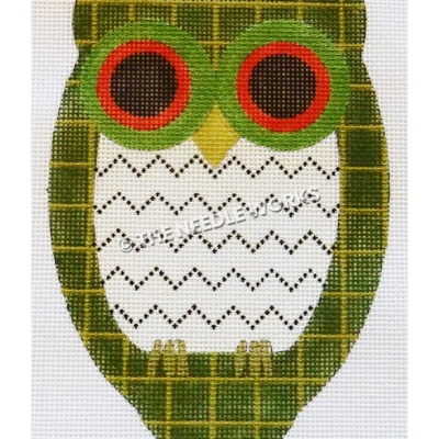 green and gold plaid owl with white belly with black zigzags and green and red eyes