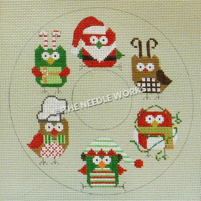 doughnut shape with red, green, and brown owls wearing Christmas decorations
