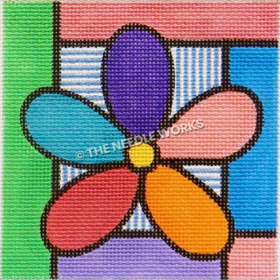 flower with purple, pink, orange, red, and blue petals with colored block border and blue and white striped background