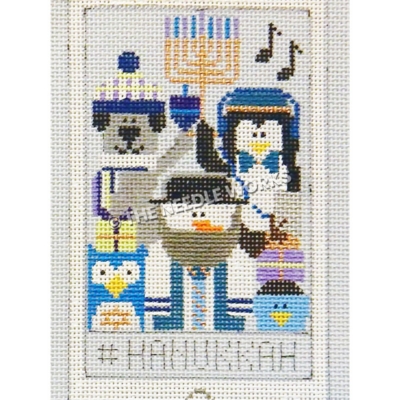 white iphone with snowman, silver dog, penguin, blue owl, and blue bird in snow hats holding a menorah with black music notes and #Hanukkah at bottom