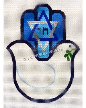 hamsa palm shape with white dove with olive branch in mouth and blue and silver Star of David with blue Hebrew writing on fingers