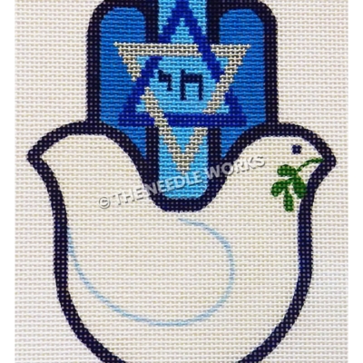 hamsa palm shape with white dove with olive branch in mouth and blue and silver Star of David with blue Hebrew writing on fingers