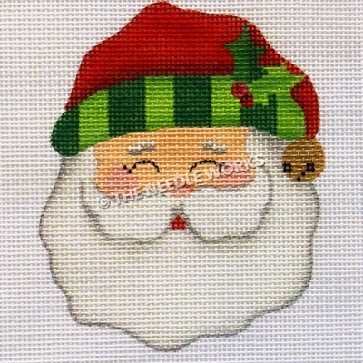 Santa face wearing red hat with green striped trim and mistletoe with gold jingle bell