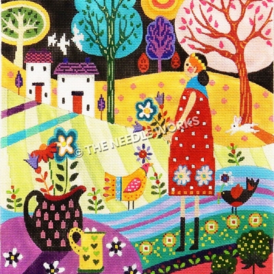 dark haired woman holding flowers next to yellow chicken and black and red bird on patchwork landscape in vivid colors with flowers, trees, and two white houses with purple roofs on black sky with yellow and red sun
