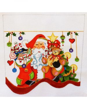 white stocking top with Santa carrying stocking and teddy bear in front of Christmas tree and green, gold, and purple ornaments and red hearts hanging from gold ribbon with mistletoe