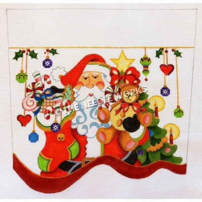 white stocking top with Santa carrying stocking and teddy bear in front of Christmas tree and green, gold, and purple ornaments and red hearts hanging from gold ribbon with mistletoe