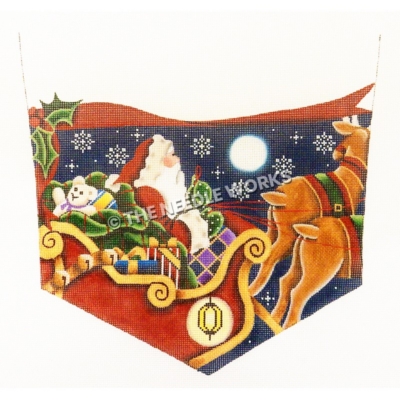 white stocking top with Santa flying in his sleigh and two reindeer on night sky with snowflakes with red ribbon and holly leaves trim