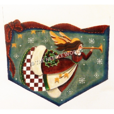 white stocking top with brunette angel flying with trumpet wearing red robe and white dress with red and white checkered skirt on dark blue background in snow and red ribbon with stars trim