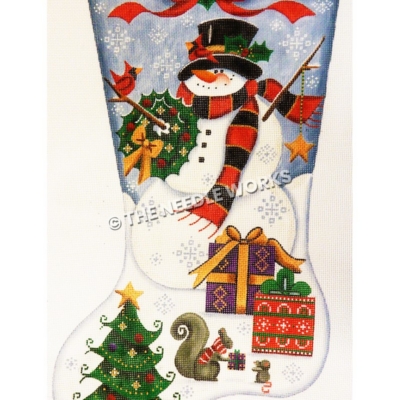 blue and white stocking with snowman holding wreath with red birds perched on arm and in top hat and gifts at his feet with Christmas tree at toe and squirrel handing gift to mouse