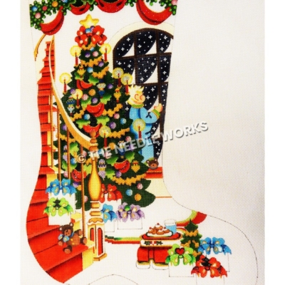 white stocking with red staircase wrapping around Christmas tree and blond child in blue pajamas looking out window with nighttime snow falling and gifts sitting on floor