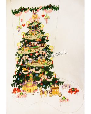 white stocking with Christmas tree decorated with sand castles and white gifts with red and pink bows at the bottom with yellow horse and carriage toy
