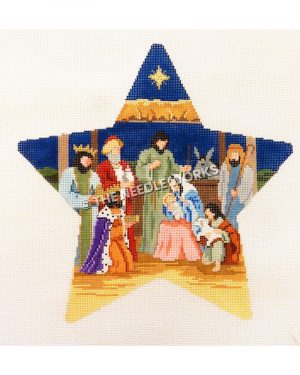 blue and yellow star with nativity scene