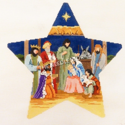 blue and yellow star with nativity scene