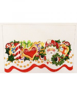 white stocking top with I heart Santa spelled out with candy cane and cookie and red candies and holly leaves with gold beaded and red ribbon trim at the bottom