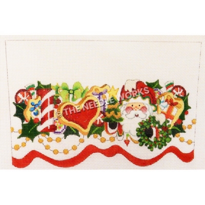 white stocking top with I heart Santa spelled out with candy cane and cookie and red candies and holly leaves with gold beaded and red ribbon trim at the bottom