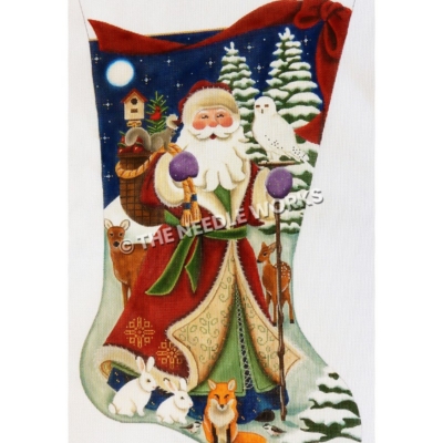 stocking with Santa in snow carrying bag of toys and forest animals around with night sky and snow-covered trees in backbground