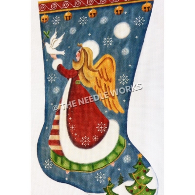 blue stocking of blond angel in red robe with white trim and green dress carrying a dove with an olive branch flying above three Christmas trees in snow
