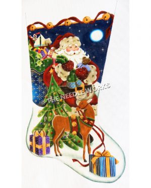 stocking with Santa in snow at night with blue and green bag of toys, Christmas tree, gifts and reindeer