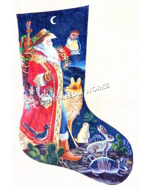 blue stocking with Santa wearing cowboy hat and carrying bag of toys, carrying lantern in desert landscape with coyote, roadrunner, jackrabbit, prairie dog and armadillo