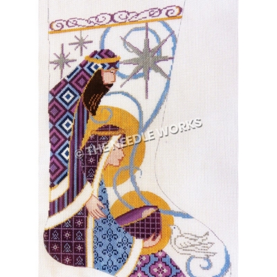 white stocking with Joseph and Mary holding Jesus in purple and blue patterned dress with silver stars, blue swirl, and white dove in background