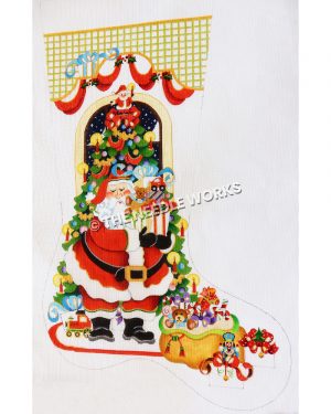 white stocking with Santa holding handful of gifts standing in front of Christmas tree with bag of toys by his feet and green and gold plaid pattern at top