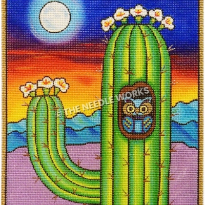 blue and gold owl peeking out of hole in side of cactus with white flowers and rainbow colored landscape with moon in background