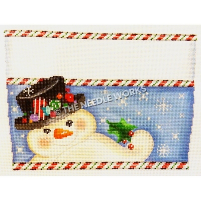 snowman holding holly leaf on blue background with snowflakes with white stripe on top and red, green and white candy stripe borders