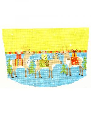 stocking top with three reindeer with gifts on backs standing on blue with white dots and yellow stripe on top