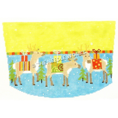 stocking top with three reindeer with gifts on backs standing on blue with white dots and yellow stripe on top