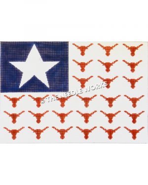 flag with white star on blue background and longhorn heads in stripe pattern on white background