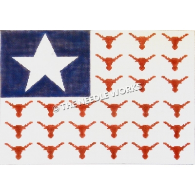flag with white star on blue background and longhorn heads in stripe pattern on white background