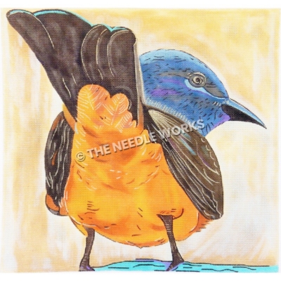 tail end of bluebird looking over shoulder on yellow background
