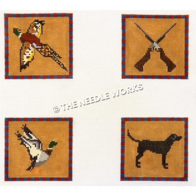 four squares in hunting theme with flying duck, rifles crossed, and dog on dark brown background with red and blue border