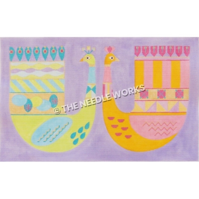 two peacocks facing away with abstract patterns in green, blue, purple, orange, and pink on purple background