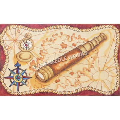 ancient map with telescope, compass, and blue, green and yellow compass rose