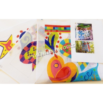 bright colored bags patterned with hearts and flowers in abstract swirl design
