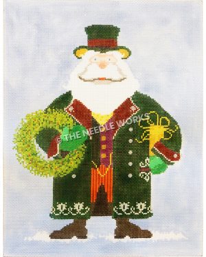 Santa in green suit holding wreath and present
